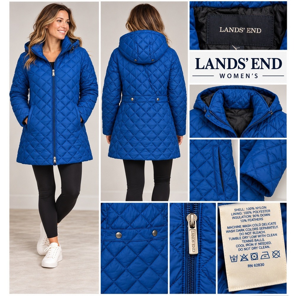 Lands' End Quilted Down Jacket Women Large Blue Old Money Preppy Hooded Puffer